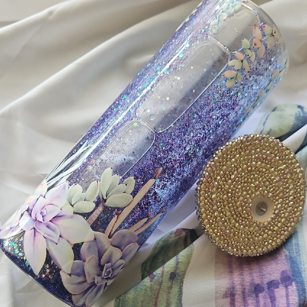 Purple Glitter Tumbler with Succulent Design